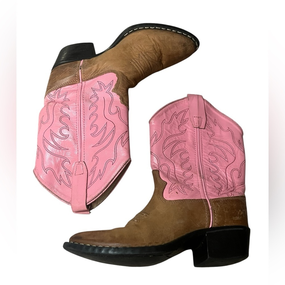 Old West girls pink and brown leather western cowboy cowgirl boots - Picture 7 of 11
